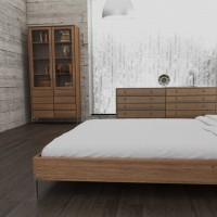 Massivholz design möbel in Eiche und edelstahlfüßen geschliffen minimalistisch flach mit Bett