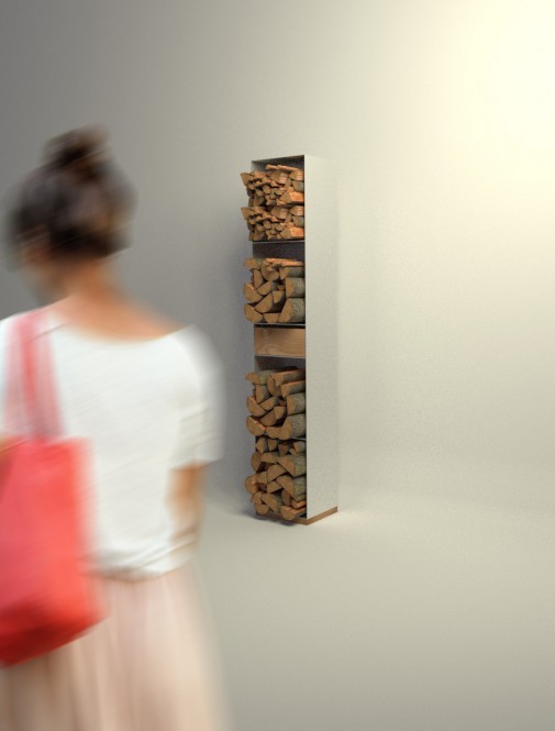 Design Kaminholzaufbewahrung aus aus Stahl mit Holzschubfach